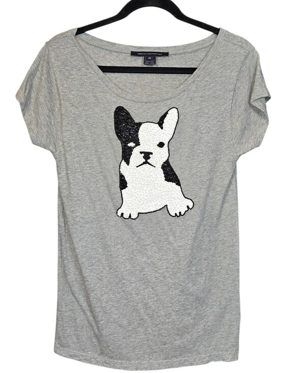 French Connection Tops - French Connection Sequin Beaded French Bulldog Graphic Cap Sleeve Tee Grey XS